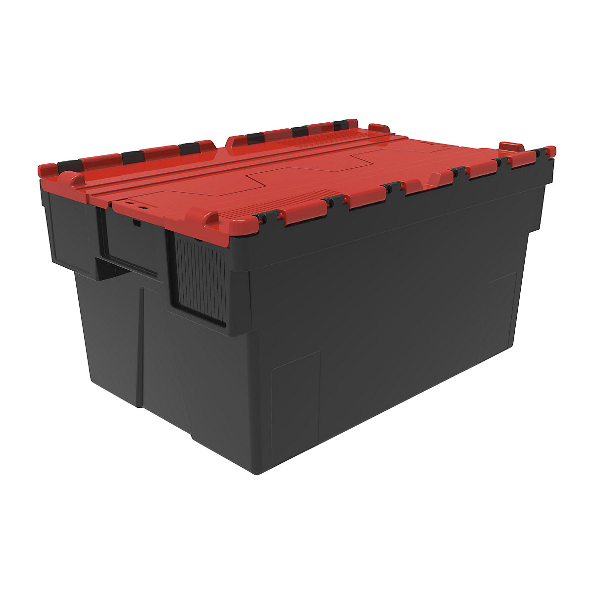 Többször használható rakásolható tároló, h x szé x ma 600 x 400 x 310 mm, cs. e. 5 db, fekete színben, piros fedéllel