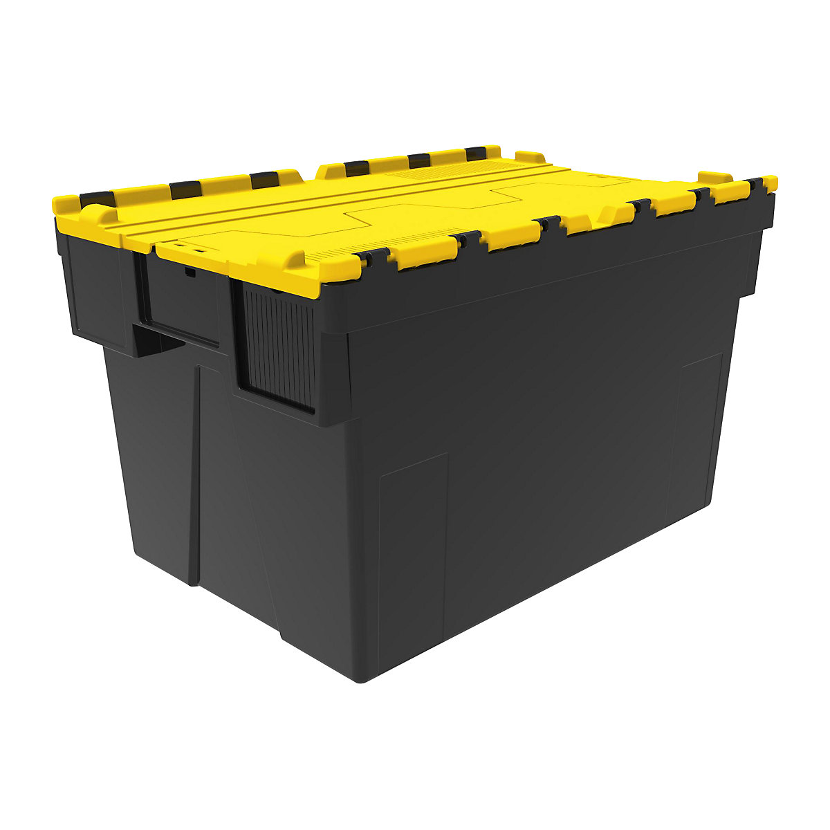 Többször használható rakásolható tároló, h x szé x ma 600 x 400 x 365 mm, cs. e. 5 db, fekete színben, sárga fedéllel