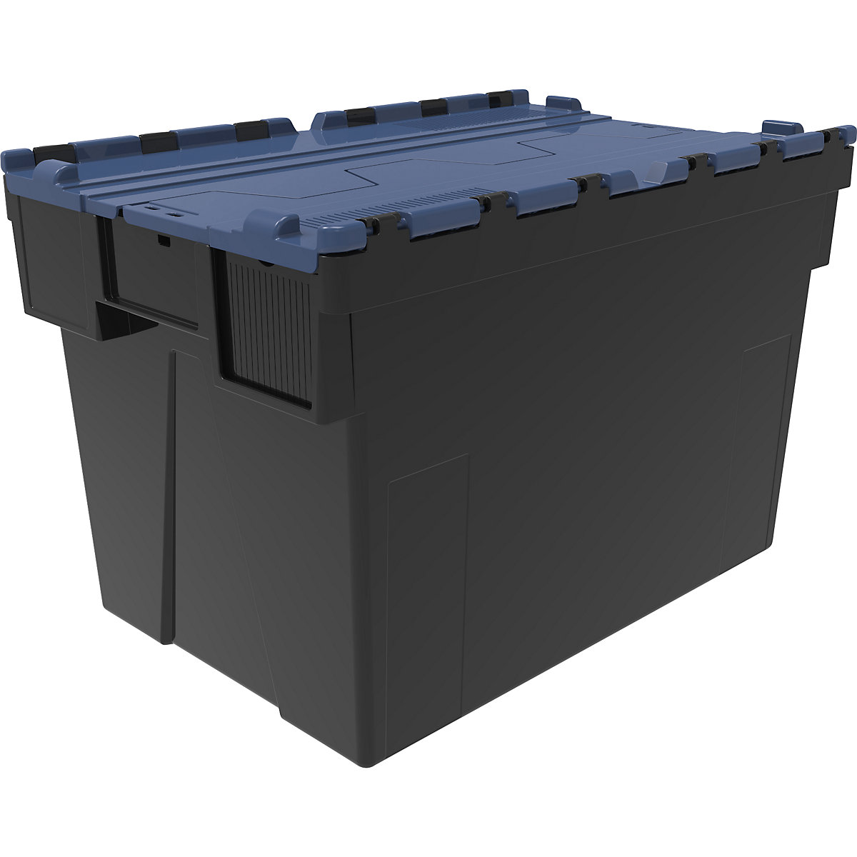 Többször használható rakásolható tároló, h x szé x ma 600 x 400 x 400 mm, cs. e. 5 db, fekete színben, kék fedéllel