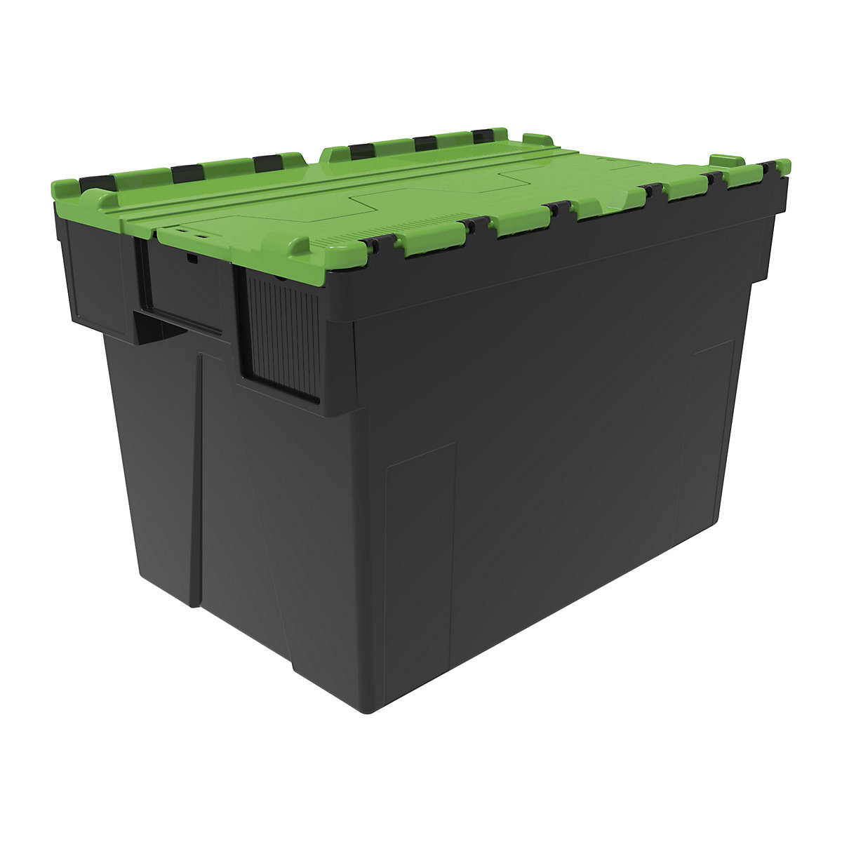 Többször használható rakásolható tároló, h x szé x ma 600 x 400 x 400 mm, cs. e. 5 db, fekete színben, zöld fedéllel