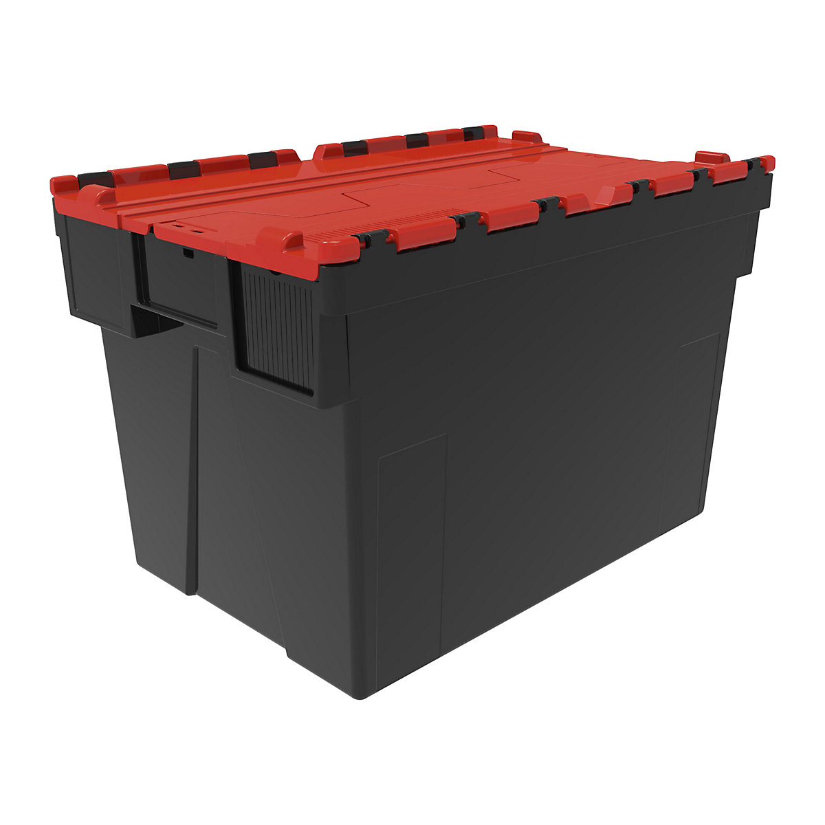 Többször használható rakásolható tároló, h x szé x ma 600 x 400 x 400 mm, cs. e. 5 db, fekete színben, piros fedéllel