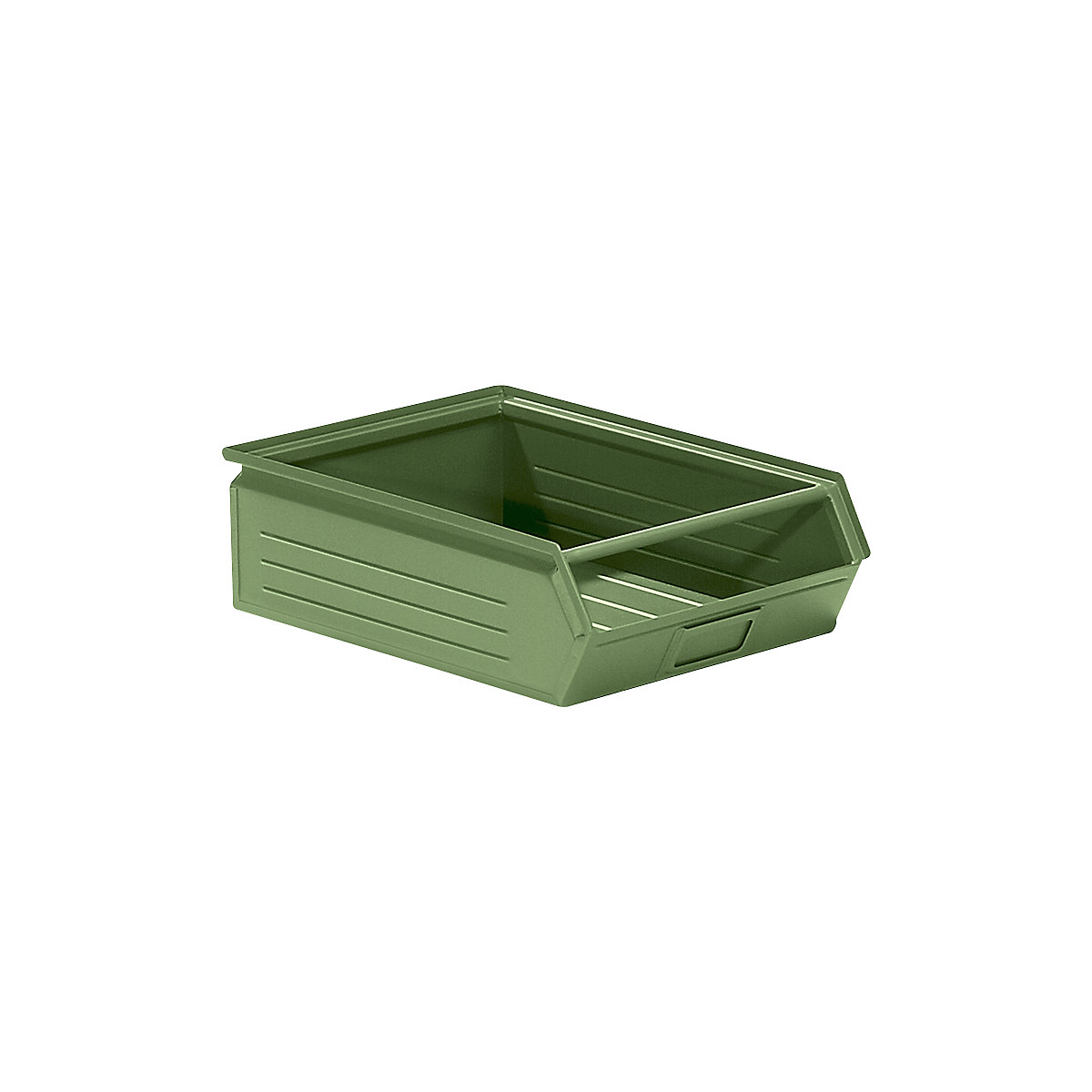 Nyitott tárolódoboz acéllemezből, h x szé x ma 504 x 310 x 145 mm, hordozórúddal, rezedazöld