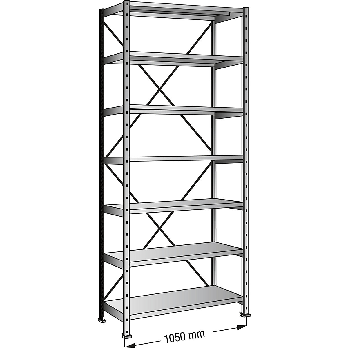 Rayonnage emboîtable galvanisé à 7 tablettes, hauteur 2640 mm, largeur tablettes 1000 mm, profondeur 200 mm, rayonnage de base