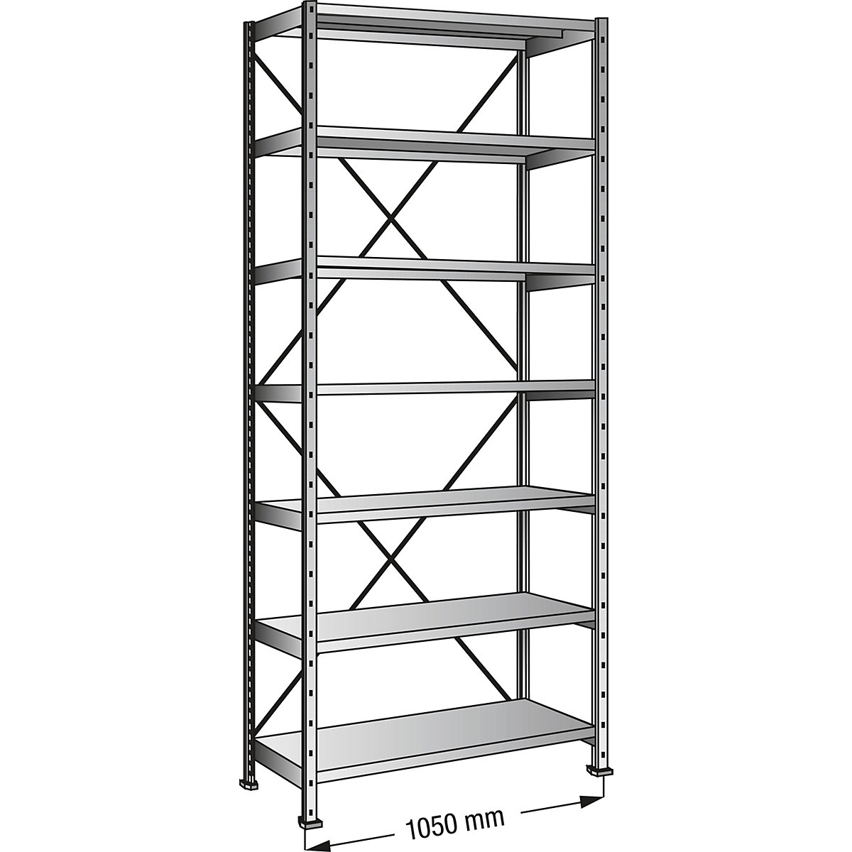Rayonnage emboîtable galvanisé à 7 tablettes, hauteur 2640 mm, largeur tablettes 1000 mm, profondeur 800 mm, rayonnage de base