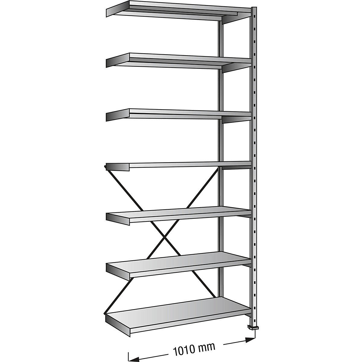 Rayonnage emboîtable galvanisé à 7 tablettes, hauteur 2640 mm, largeur tablettes 1000 mm, profondeur 400 mm, rayonnage additionnel