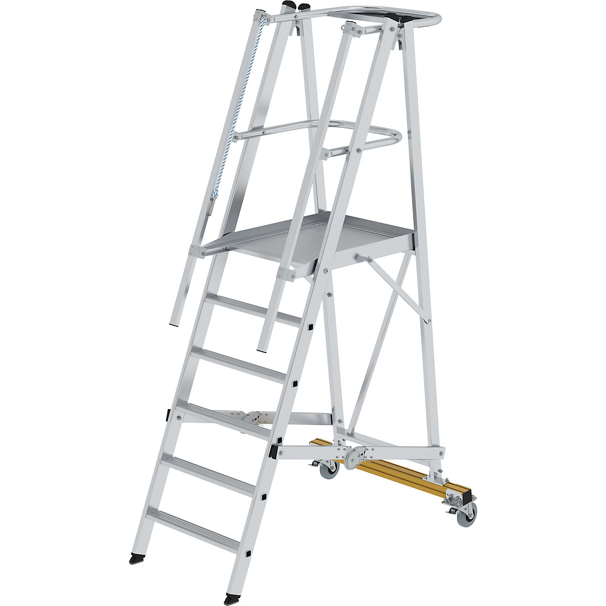 Hliníkový plošinový rebrík, pojazdný – MUNK, s 3-stranným zábradlím plošiny, 6 priečok vrát. plošiny-10