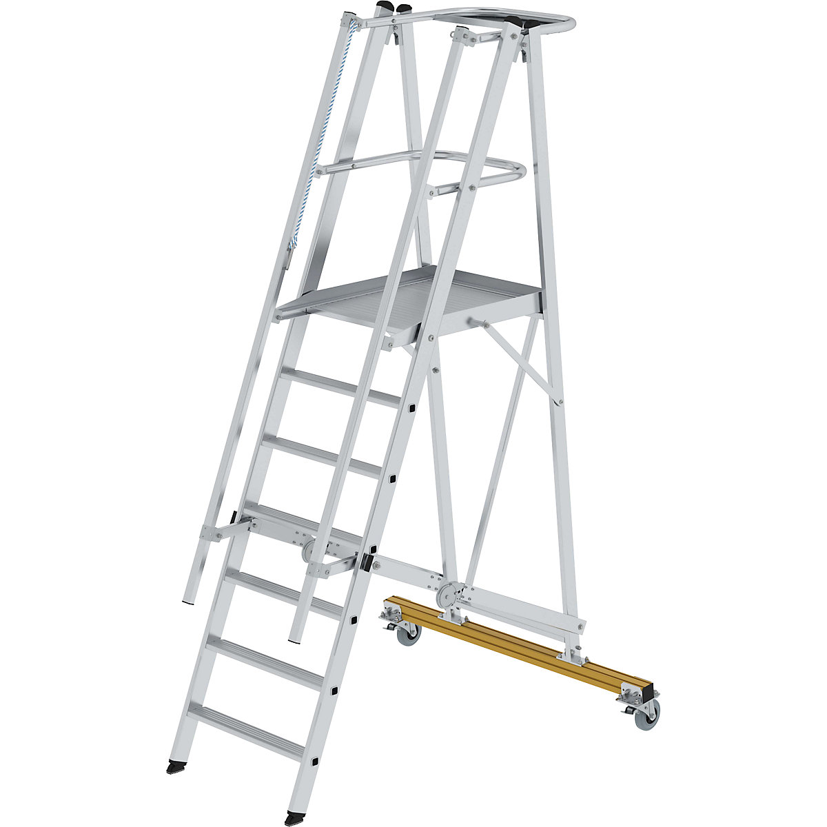 Hliníkový plošinový rebrík, pojazdný – MUNK, s 3-stranným zábradlím plošiny, 7 priečok vrát. plošiny-7