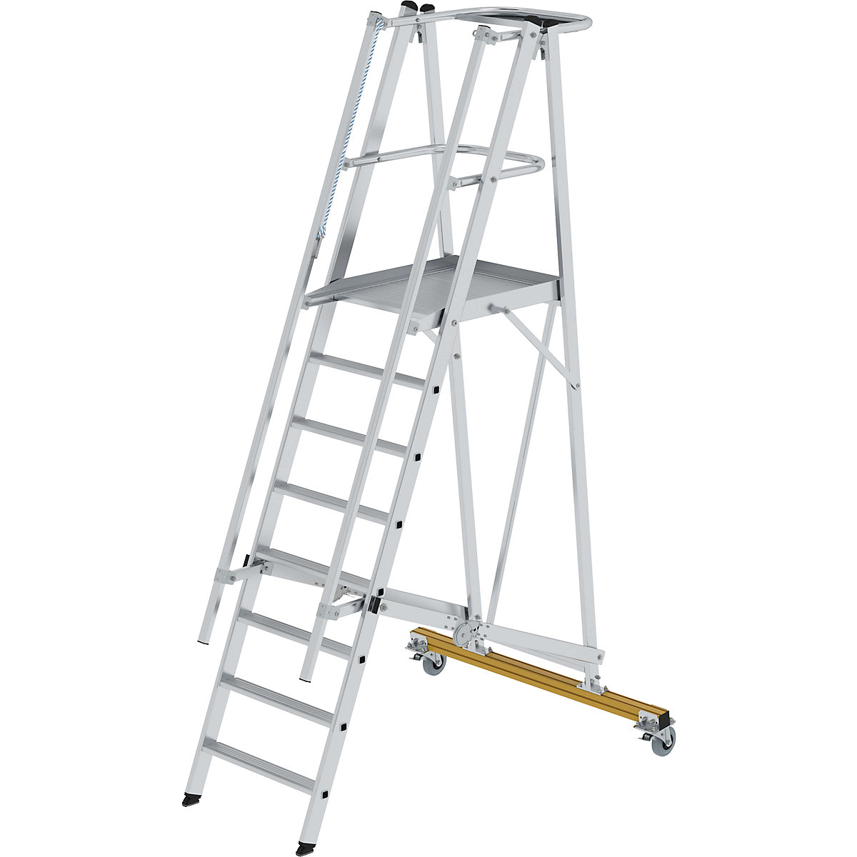 Hliníkový plošinový rebrík, pojazdný – MUNK, s 3-stranným zábradlím plošiny, 8 priečok vrát. plošiny-11