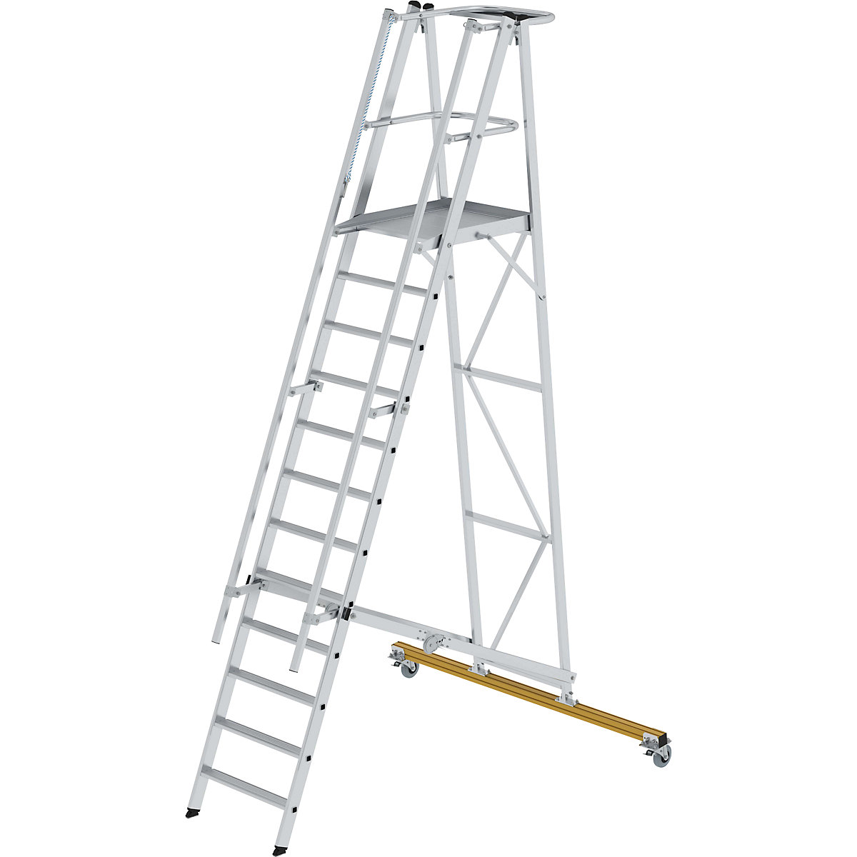 Hliníkový plošinový rebrík, pojazdný – MUNK, s 3-stranným zábradlím plošiny, 12 priečok vrát. plošiny-9