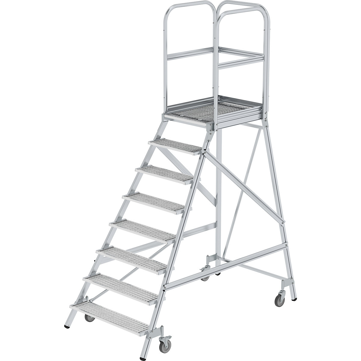 Podestový rebrík s výstupom z jednej strany – MUNK, plošina a stupne z mriežkového roštu, 8 stupňov vrát. plošiny-10