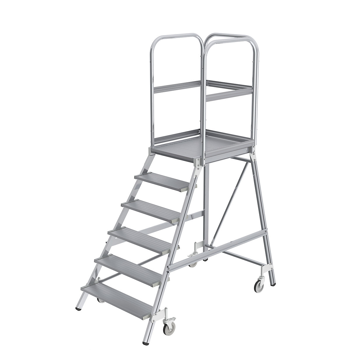 Podestový rebrík s výstupom z jednej strany – MUNK, plošina a stupne z ľahkého kovu, 6 stupňov vrát. plošiny-11