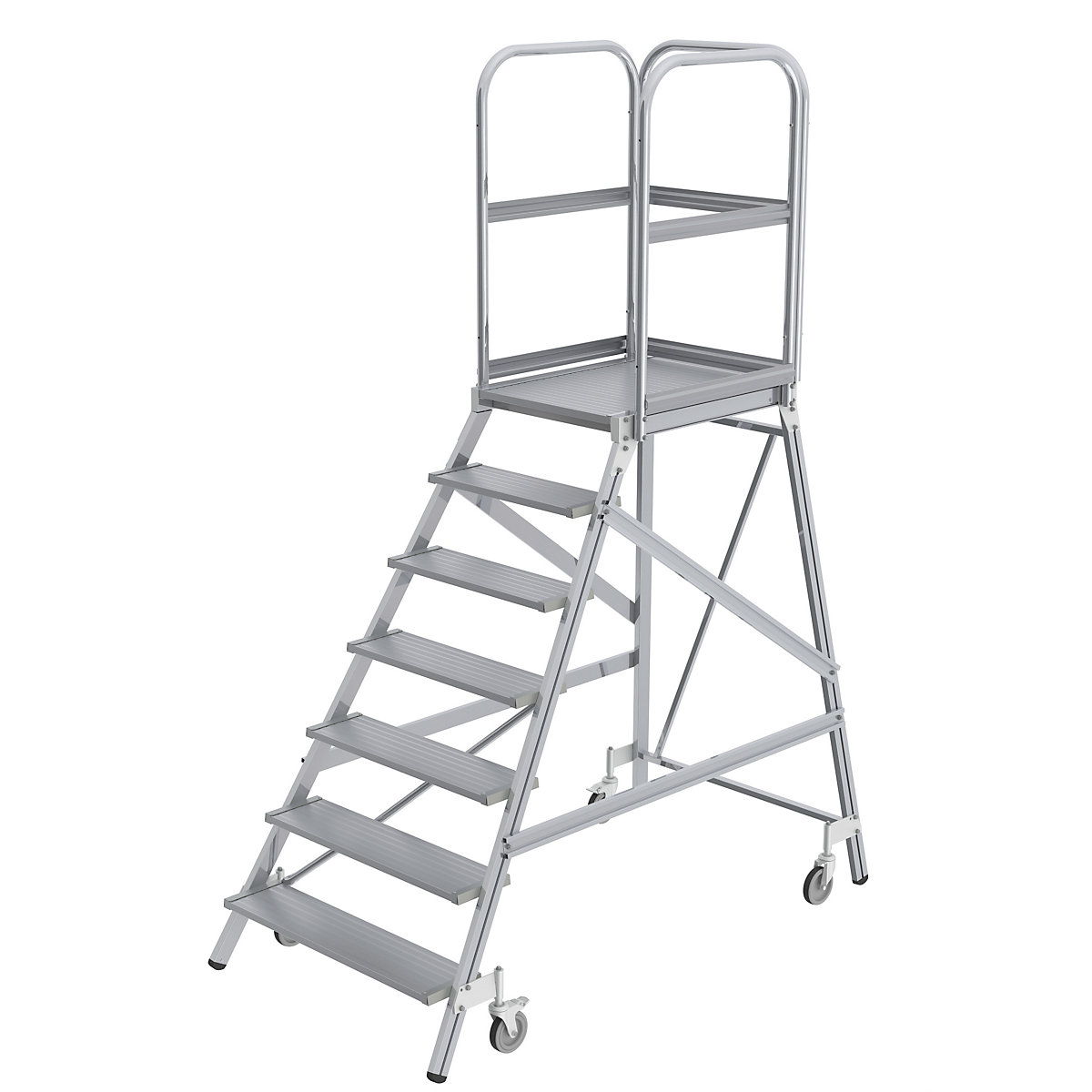 Podestový rebrík s výstupom z jednej strany – MUNK, plošina a stupne z ľahkého kovu, 7 stupňov vrát. plošiny-9