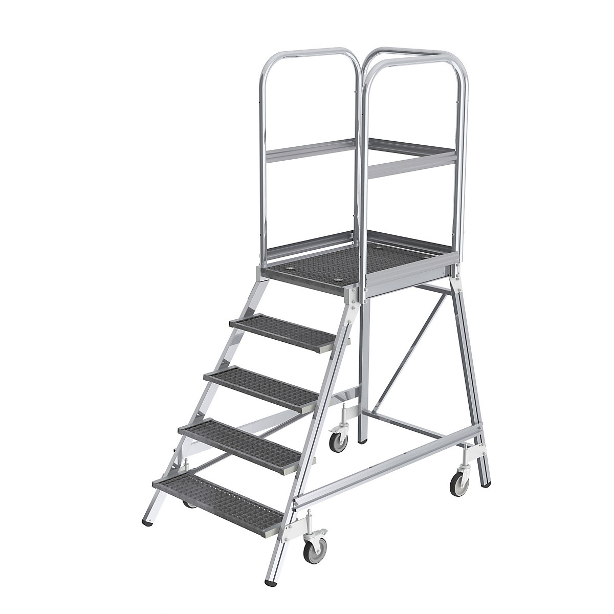 Podestový rebrík s výstupom z jednej strany – MUNK, plošina a stupne z mriežkového roštu, 5 stupňov vrát. plošiny-6