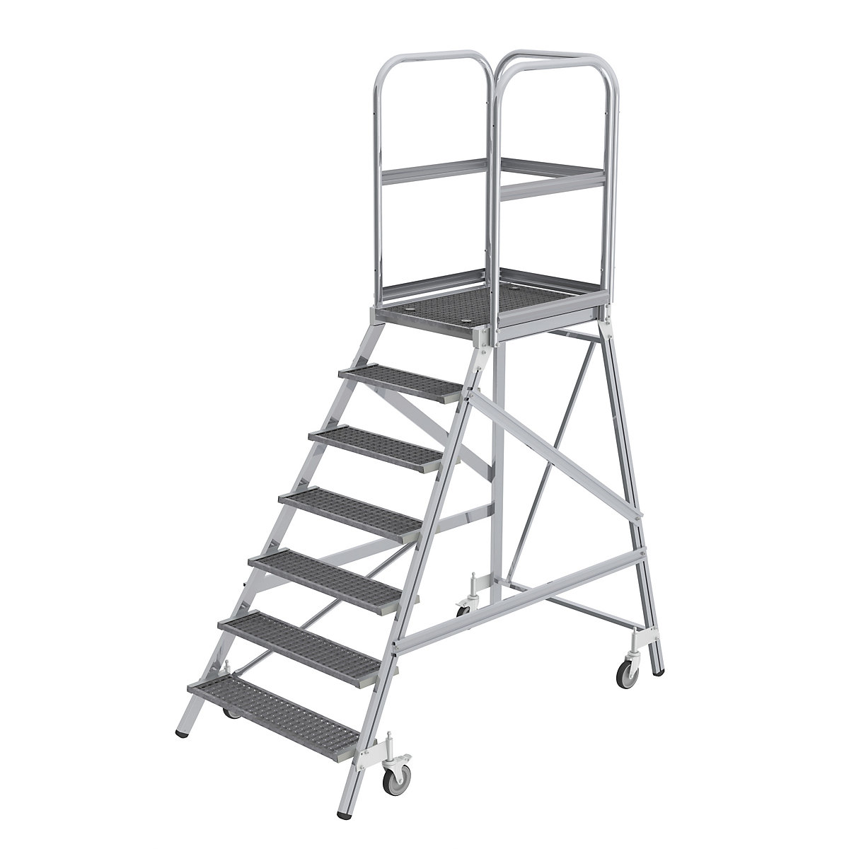 Podestový rebrík s výstupom z jednej strany – MUNK, plošina a stupne z mriežkového roštu, 7 stupňov vrát. plošiny-11