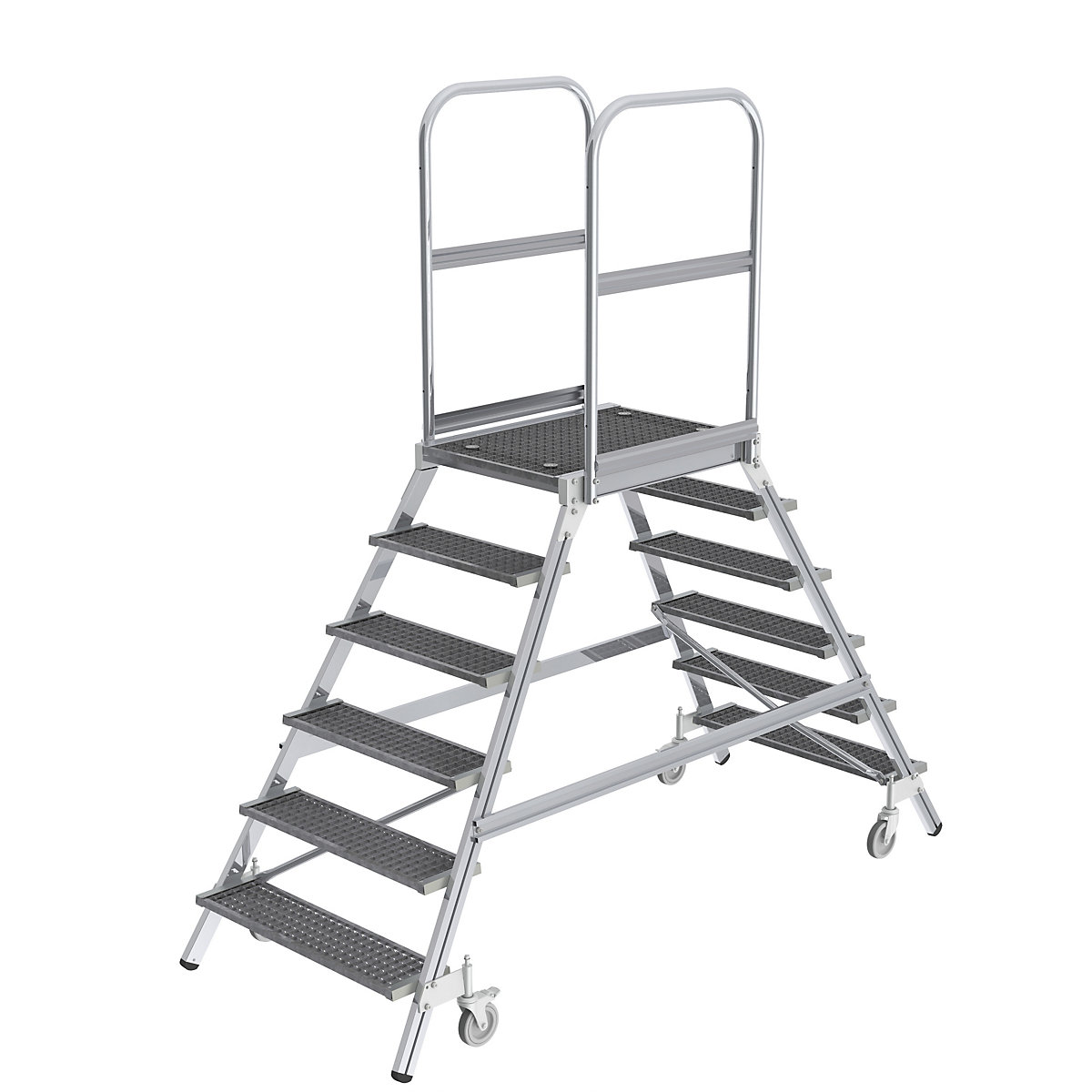 Podestový rebrík s výstupom z oboch strán – MUNK, plošina a stupne z mriežkového roštu, 2 x 6 stupňov vrát. plošiny-3