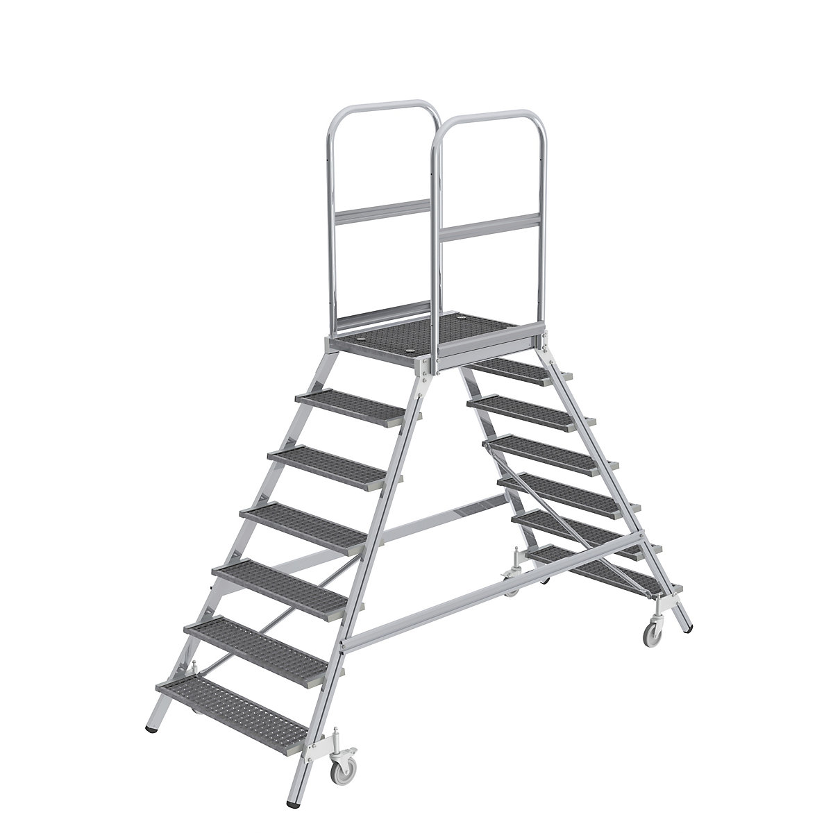 Podestový rebrík s výstupom z oboch strán – MUNK, plošina a stupne z mriežkového roštu, 2 x 7 stupňov vrát. plošiny-4