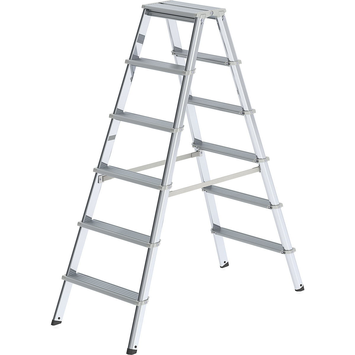 Hliníkový stojaci rebrík so stupňami, pochôdzny z dvoch strán – MUNK, s ergonomicky tvarovanou stojinou, 2 x 6 stupňov, pracovná výška 3000 mm-2