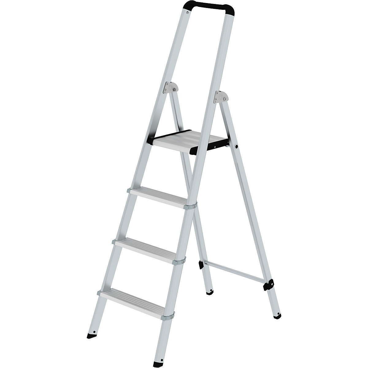Hliníkový stojaci rebrík so stupňami, pochôdzny z jednej strany – MUNK, eloxované, s ergonomicky tvarovanou stojinou a odkladacou miskou, 4 stupne