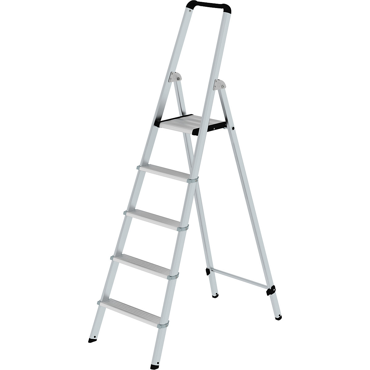 Hliníkový stojaci rebrík so stupňami, pochôdzny z jednej strany – MUNK, eloxované, s ergonomicky tvarovanou stojinou a odkladacou miskou, 5 stupňov