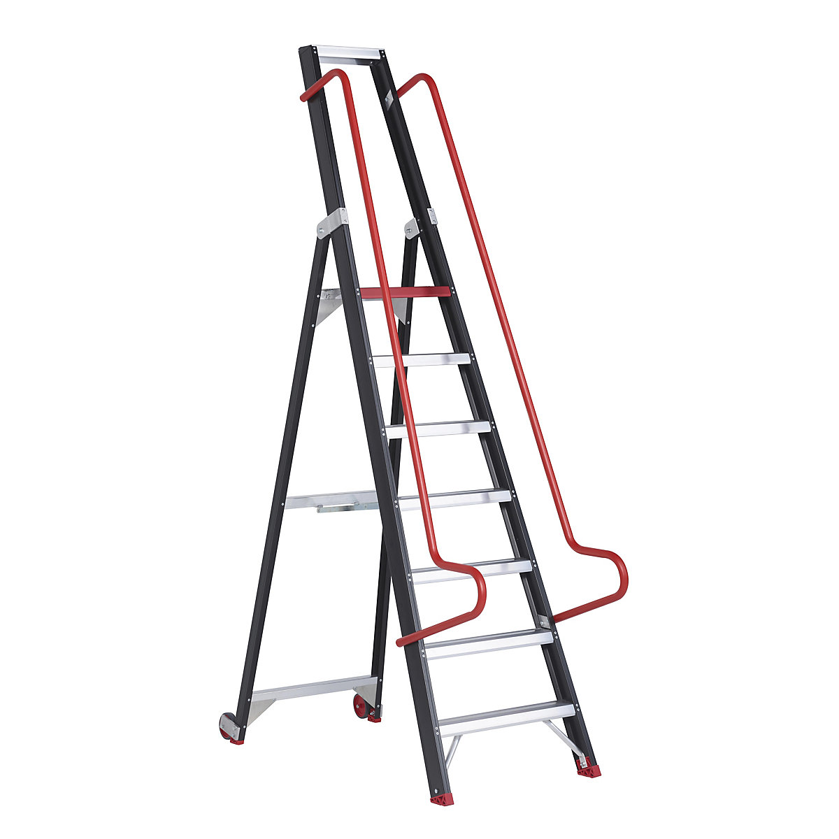 Mobilný skladový a regálový rebrík – Altrex, s bezpečnostnými madlami, 7 stupňov vrátane plošiny-7