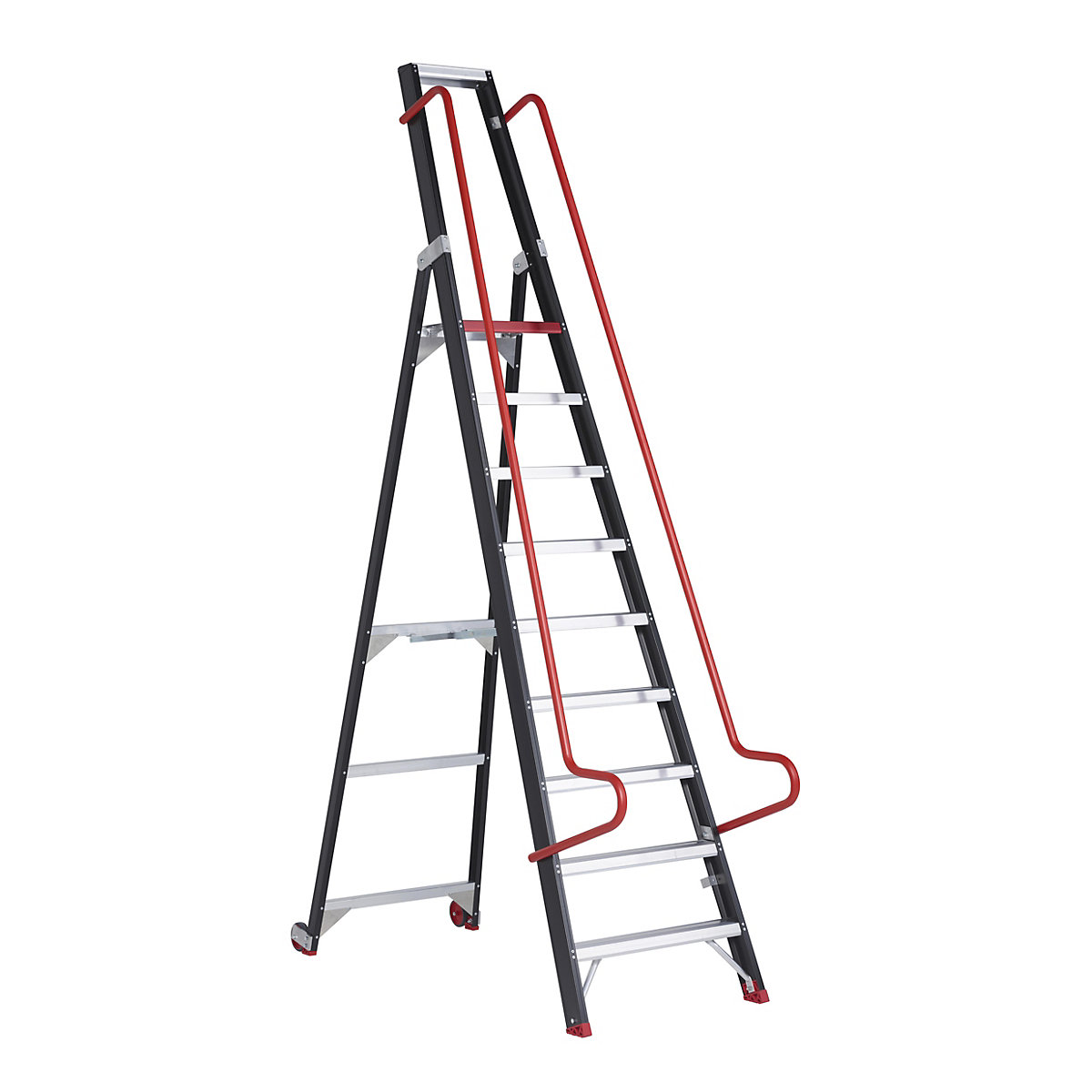 Mobilný skladový a regálový rebrík – Altrex, s bezpečnostnými madlami, 9 stupňov vrátane plošiny-9