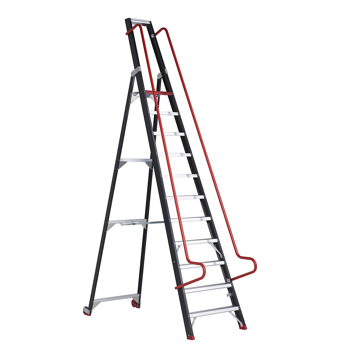 Mobilný skladový a regálový rebrík – Altrex, s bezpečnostnými madlami, 11 stupňov vrátane plošiny-6