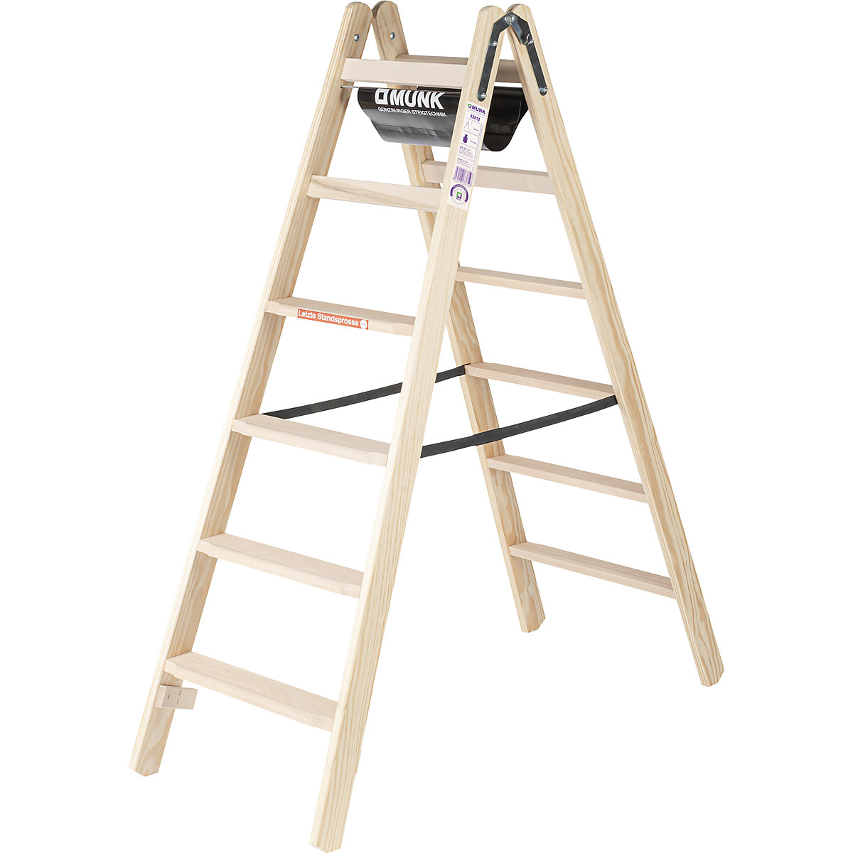 Stojaci rebrík s drevenými stupňami – MUNK, s výstupom z oboch strán, 2 x 6 stupňov, pracovná výška 3000 mm-4
