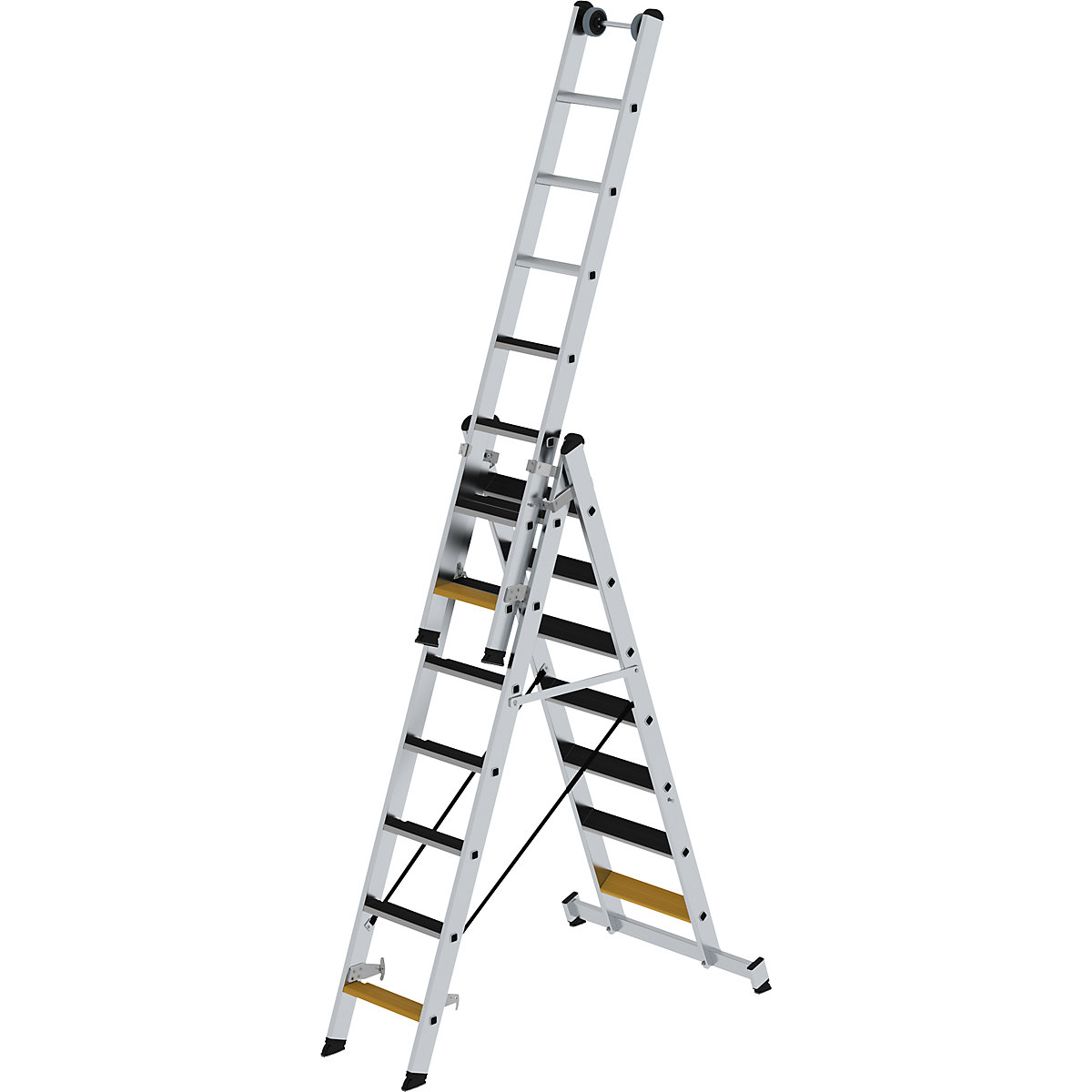 Viacúčelový rebrík so stupňami – MUNK, 3-dielny, s priečnikom a nášľapnými plochami, 3 x 7 stupňov-5