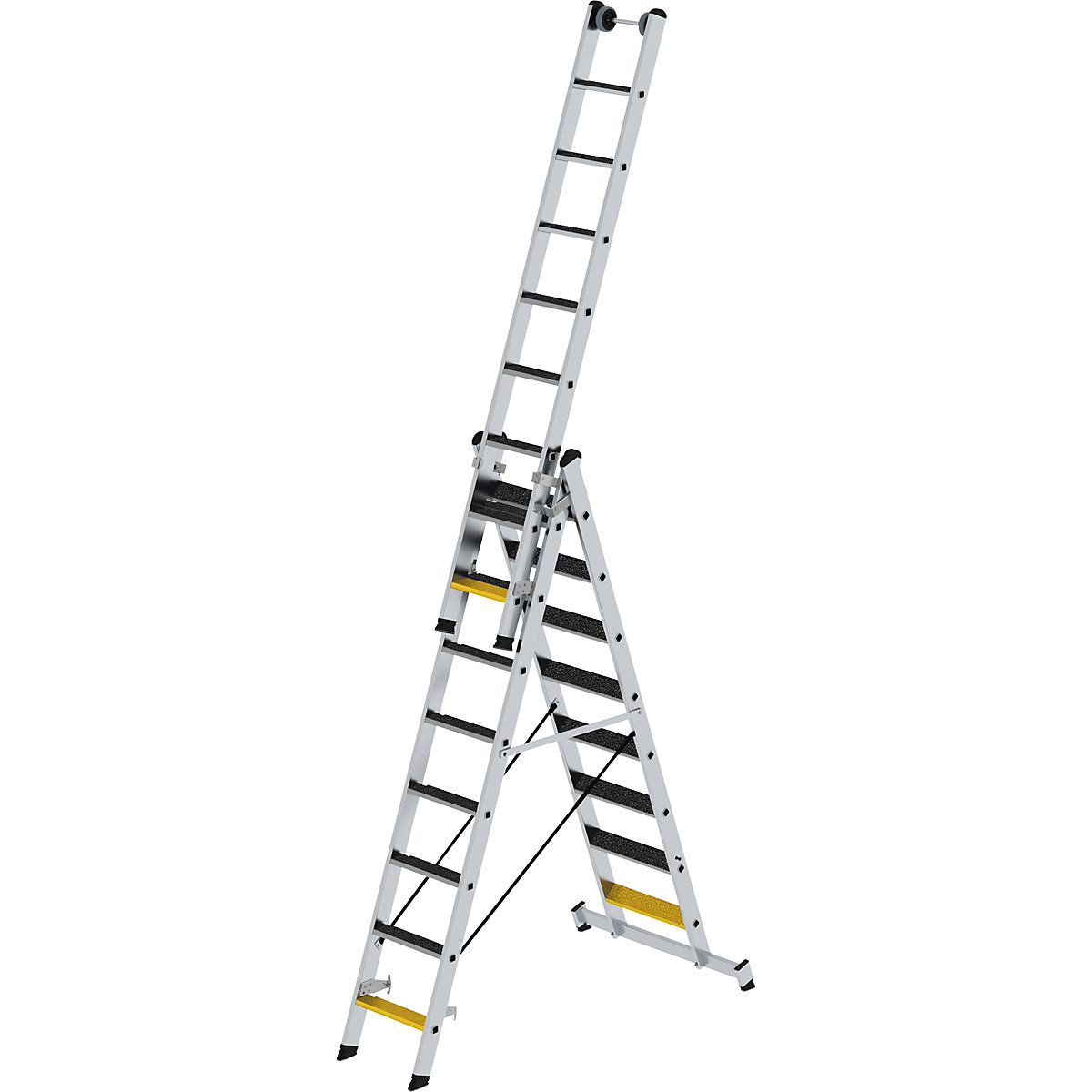Viacúčelový rebrík so stupňami – MUNK, 3-dielny, s priečnikom a nášľapnými plochami, 3 x 8 stupňov-3