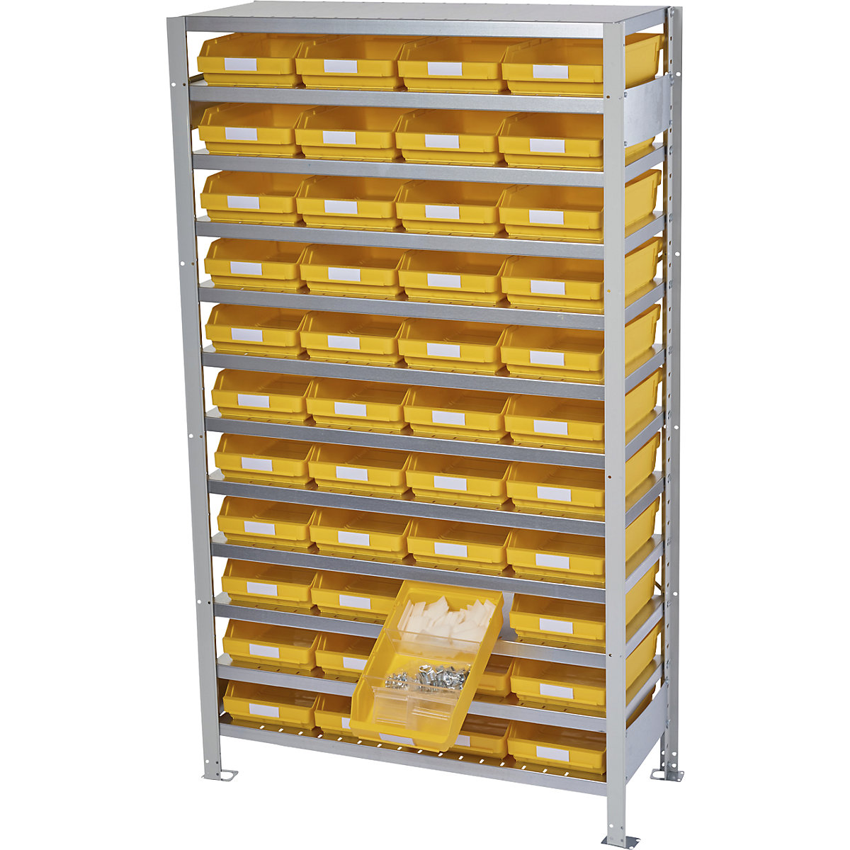 Zásuvný regál s regálovými přepravkami – STEMO, výška regálu 1790 mm, základní regál, hloubka 300 mm, 44 přepravek žlutých-29