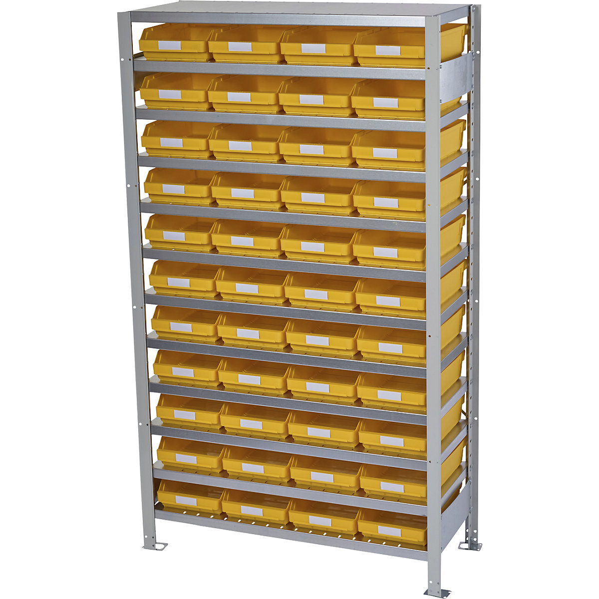 Zásuvný regál s regálovými přepravkami – STEMO, výška regálu 1790 mm, základní regál, hloubka 500 mm, 44 přepravek žlutých-37