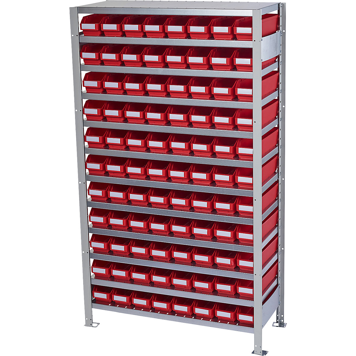 Zásuvný regál s regálovými přepravkami – STEMO, výška regálu 1790 mm, základní regál, hloubka 400 mm, 88 přepravek červených-16