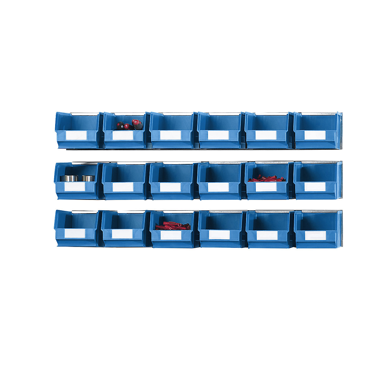 Einhängeschienen-Set mit Sichtlagerkästen, 3 Schienen, 18 Kästen, blau