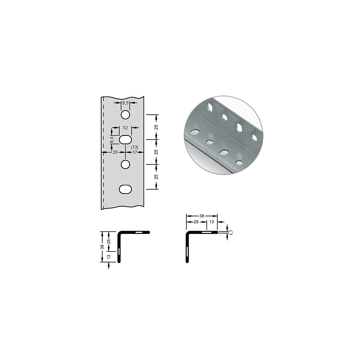 Stahl-Winkelprofil für Baukastensystem hofe, 38 x 38 x 1,7 mm, Länge 2,5 m, verzinkt, VE 10 Stk