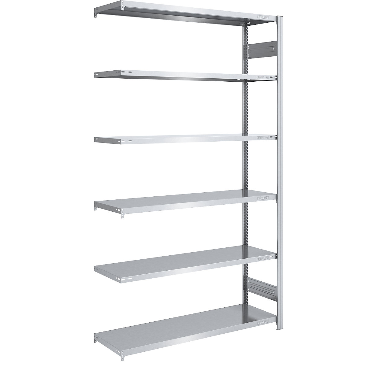 Lager-Steckregal, verzinkt eurokraft pro, HxB 2500 x 1300 mm, mit 6 Stahlböden, Anbauregal, Fachlast 185 kg, Tiefe 500 mm