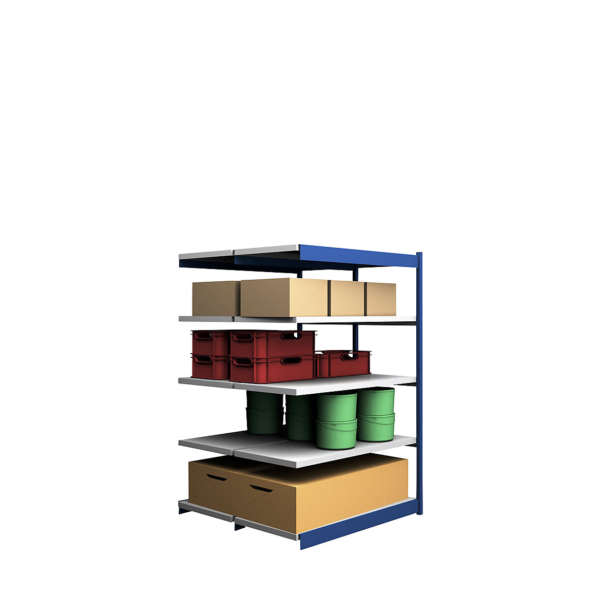 Stabil-Steckregal, doppelseitig hofe, Regalhöhe 2000 mm, blau/verzinkt, Bodenbreite 1325 mm, Anbauregal, Breite x Tiefe 1325 x 600 mm