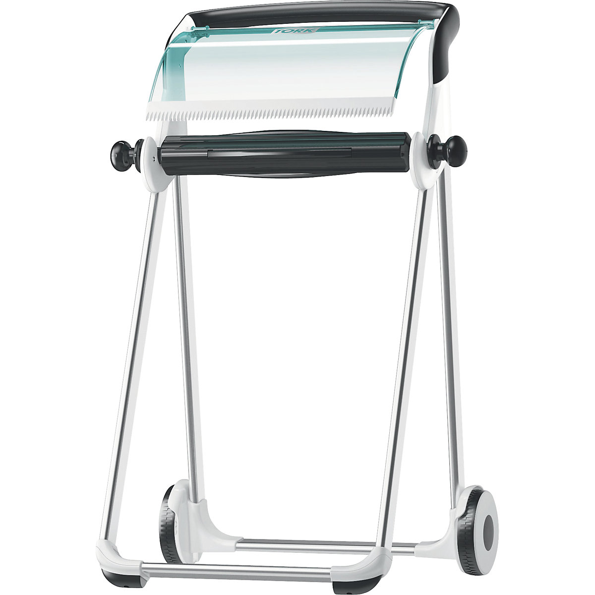 Rolhouder voor poetspapier – TORK, vloerstandaard met afscheurbare rail, turquoise / wit-3