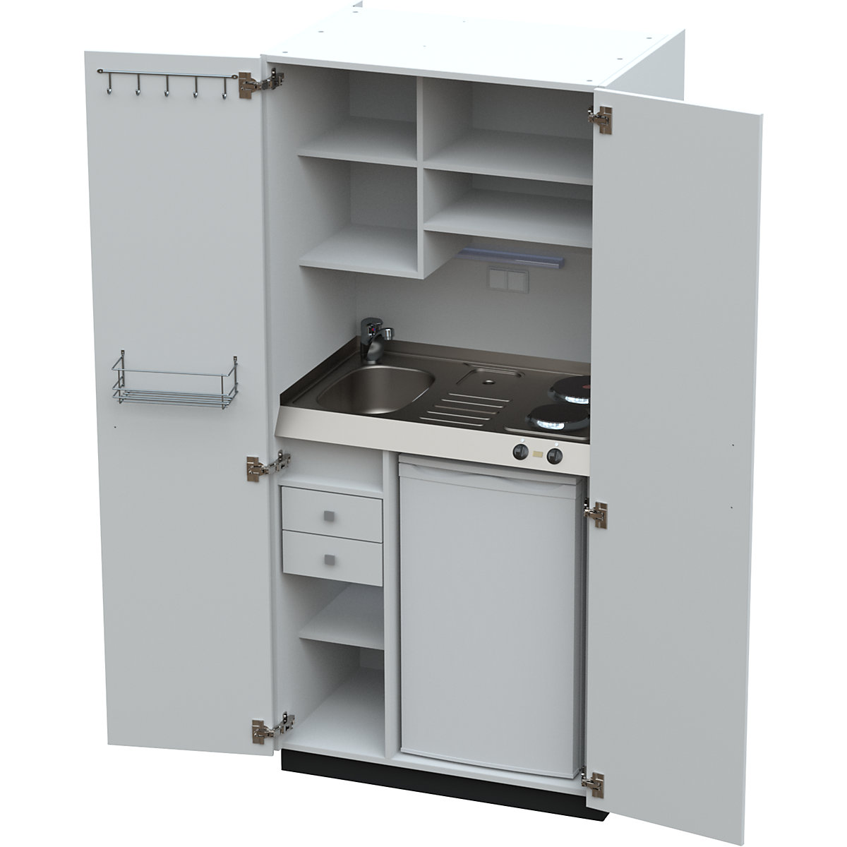 Cocina-armario con puertas batientes: 2 placas de cocción eléctricas,  fregadero a la izquierda