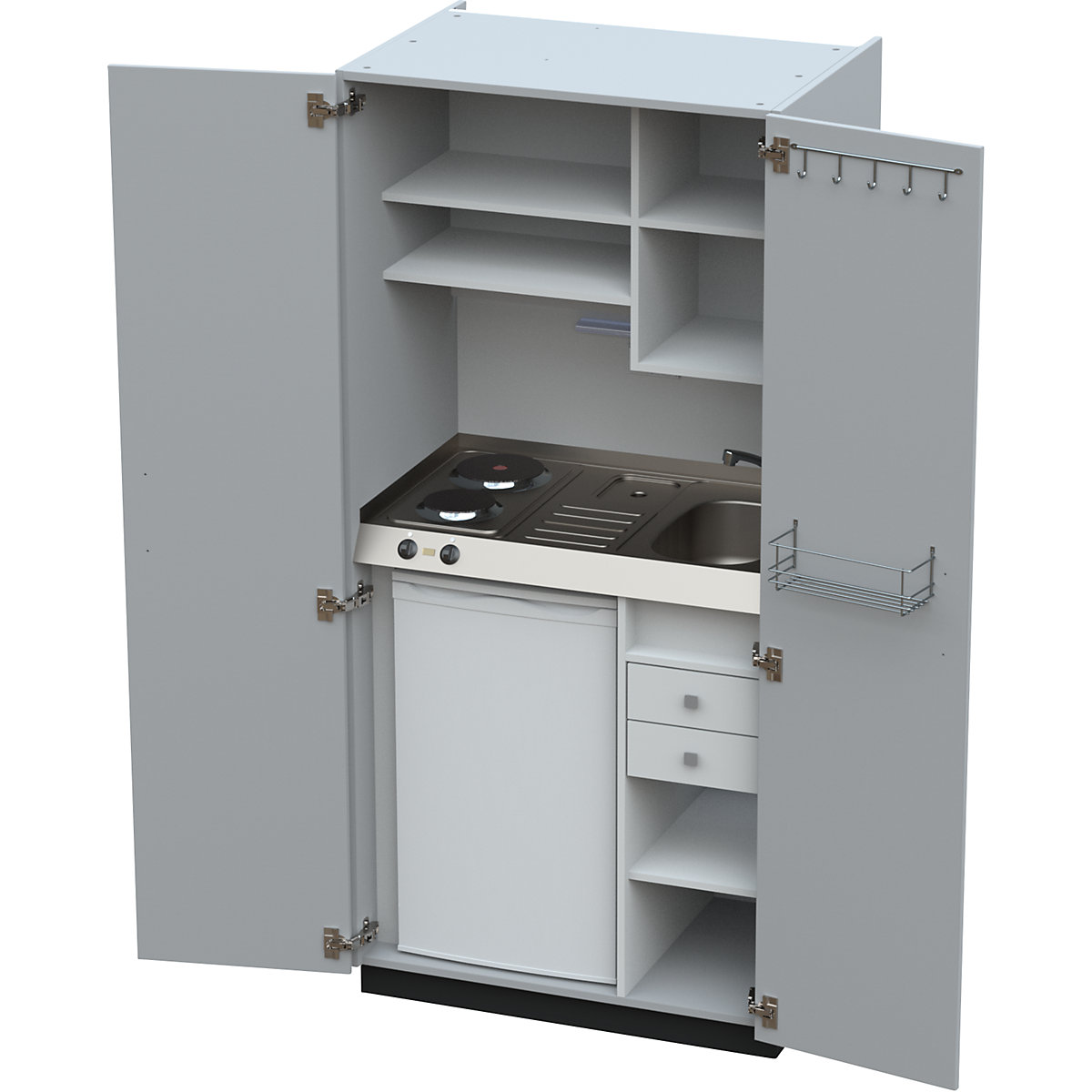 Cocina-armario con puertas batientes, 2 placas de cocción eléctricas, fregadero a la derecha, gris, 1956 x 900 x 650 mm