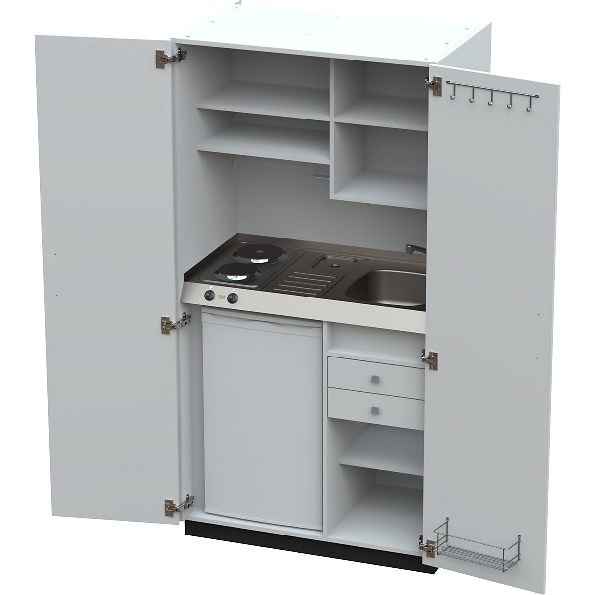 Cocina-armario con puertas batientes, 2 placas de cocción eléctricas, fregadero a la derecha, blanco, 1956 x 1000 x 650 mm