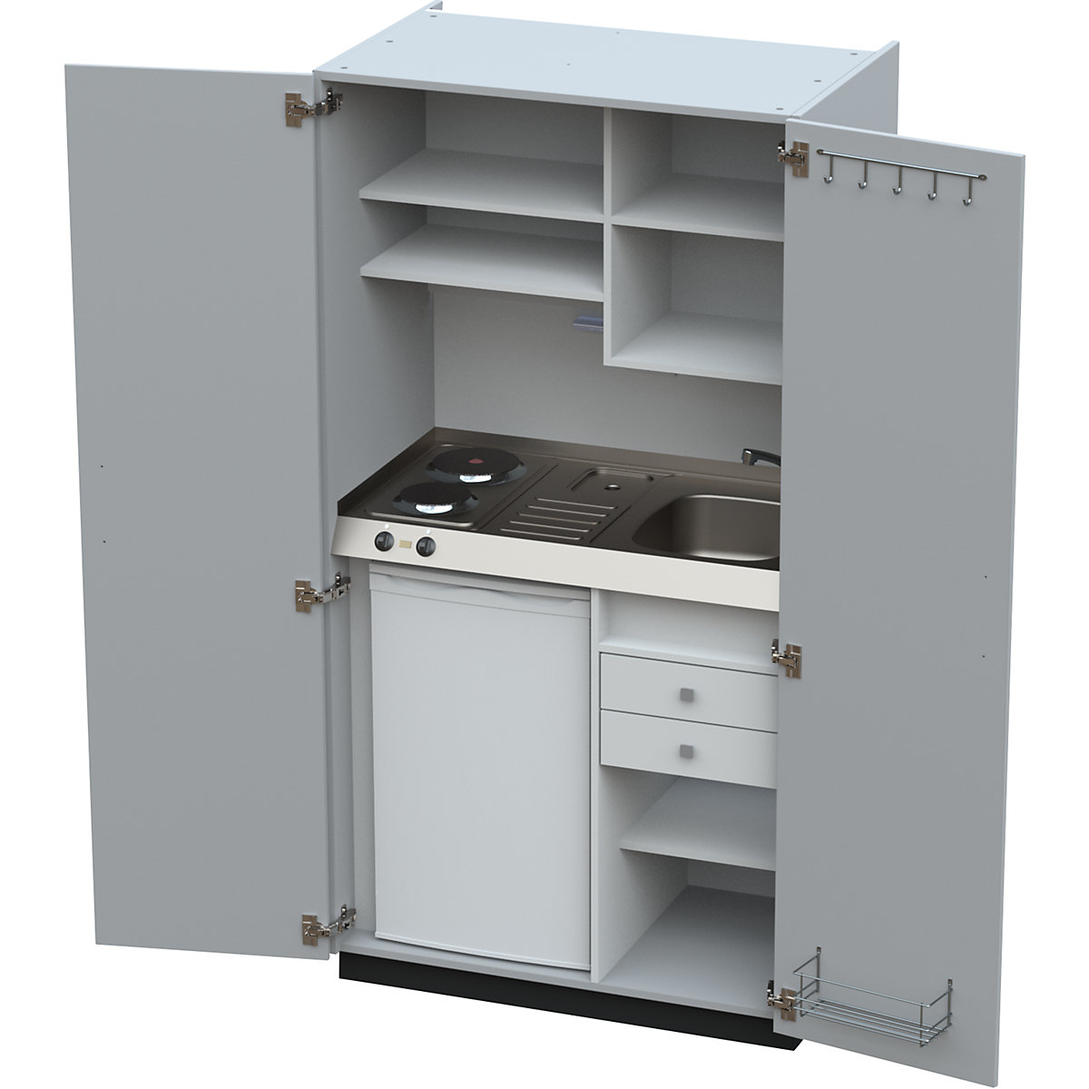 Cocina-armario con puertas batientes, 2 placas de cocción eléctricas, fregadero a la derecha, gris, 1956 x 1000 x 650 mm