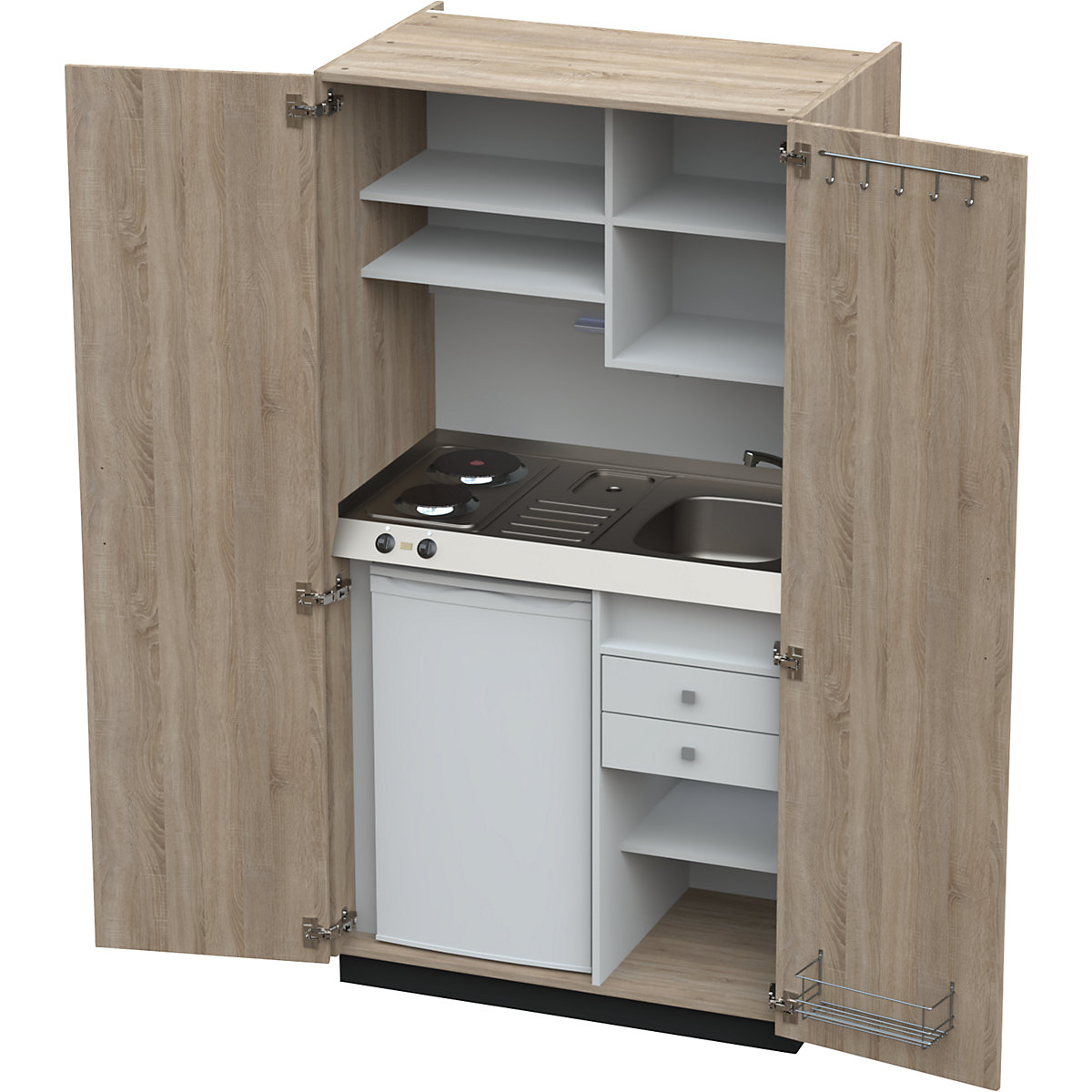 Cocina-armario con puertas batientes, 2 placas de cocción eléctricas, fregadero a la derecha, roble, 1956 x 1000 x 650 mm