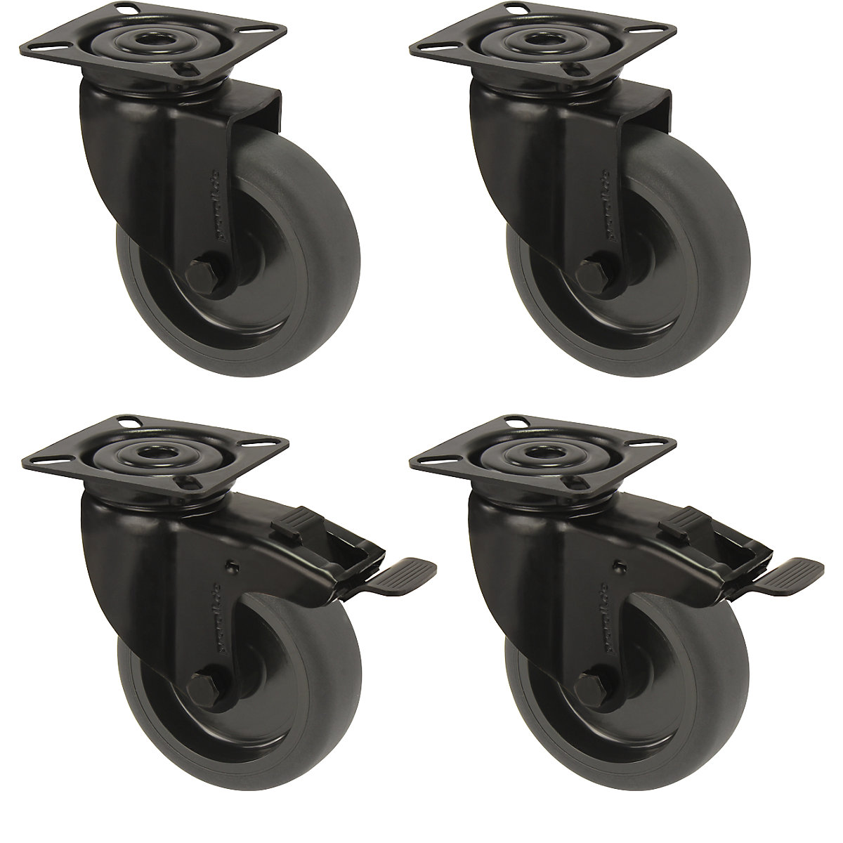Anvelopă din cauciuc termoplastic negru, cu placă de montaj, ofertă la set – Proroll, 2 roți pivotante cu frână dublă și 2 roți pivotante, Ø roții x lățime 75 x 23 mm