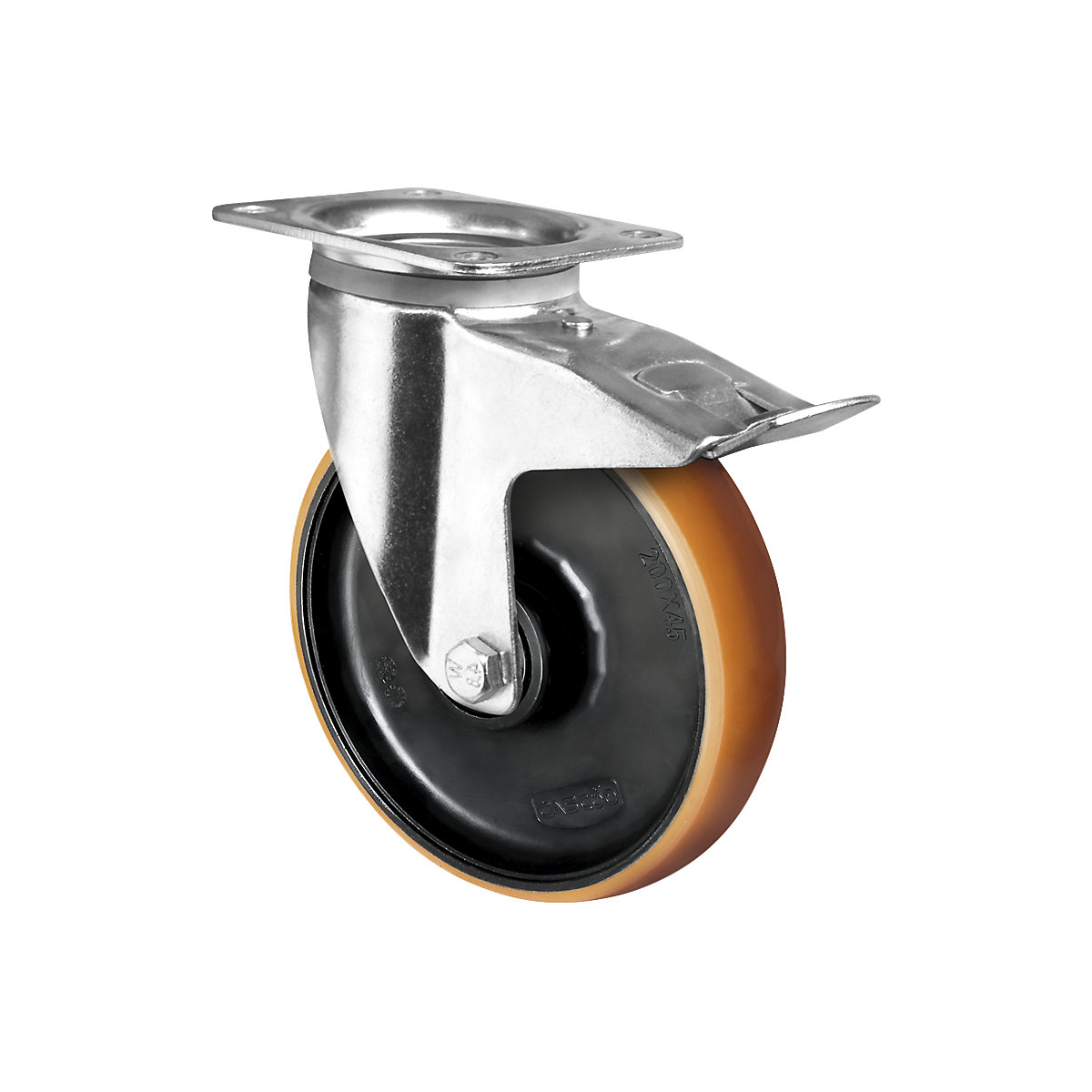 Roulette polyuréthane marron sur jante polyamide, Ø x largeur roulette 125 x 50 mm, roulette pivotante avec blocage double