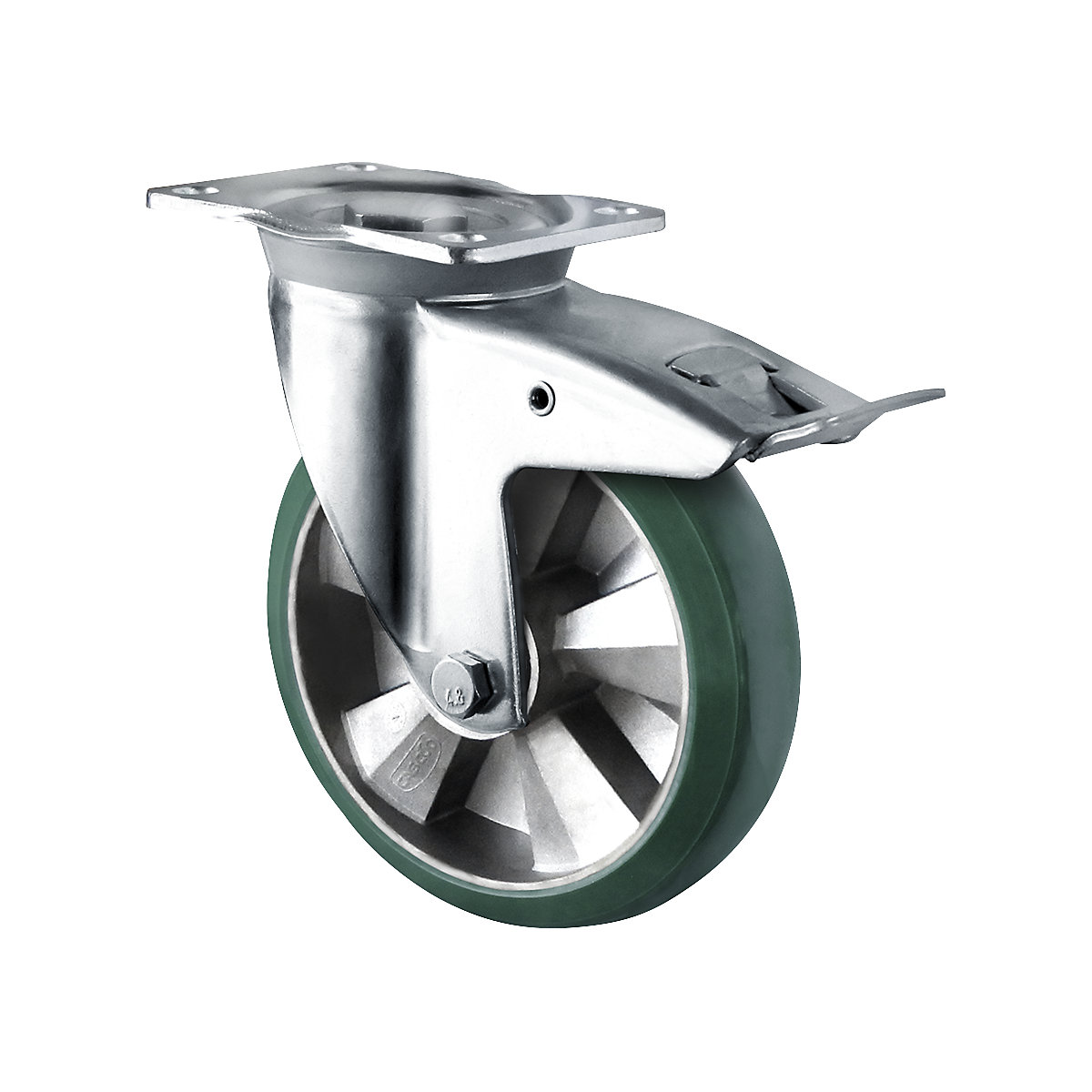 EUROKRAFTbasic – Rueda elástica de PU verde, Ø x anchura de rueda 125 x 50 mm, a partir de 2 unid., rueda de maniobra con freno doble
