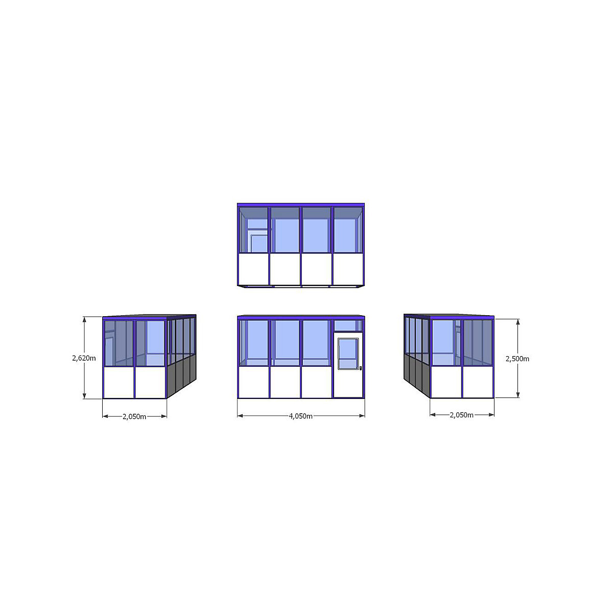 Universele cabine, uitvoeringen in optiek met rechte hoeken, voor binnen, l x b = 4050 x 2050 mm