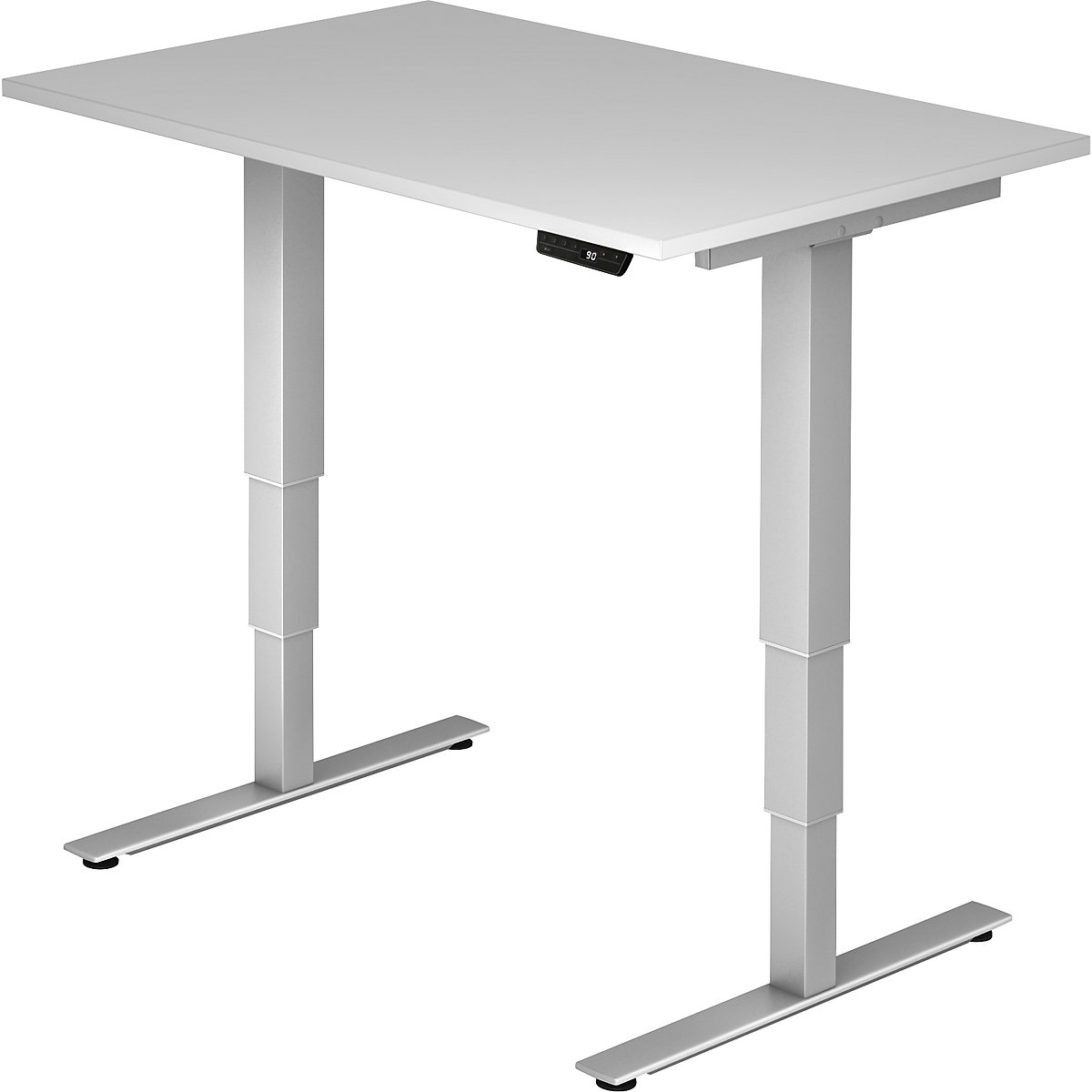 UPLINER-2.0 Psací stůl pro práci vestoje, s elektrickým přestavováním výšky, podstavec s nohami ve tvaru T, šířka 1200 mm, světle šedá