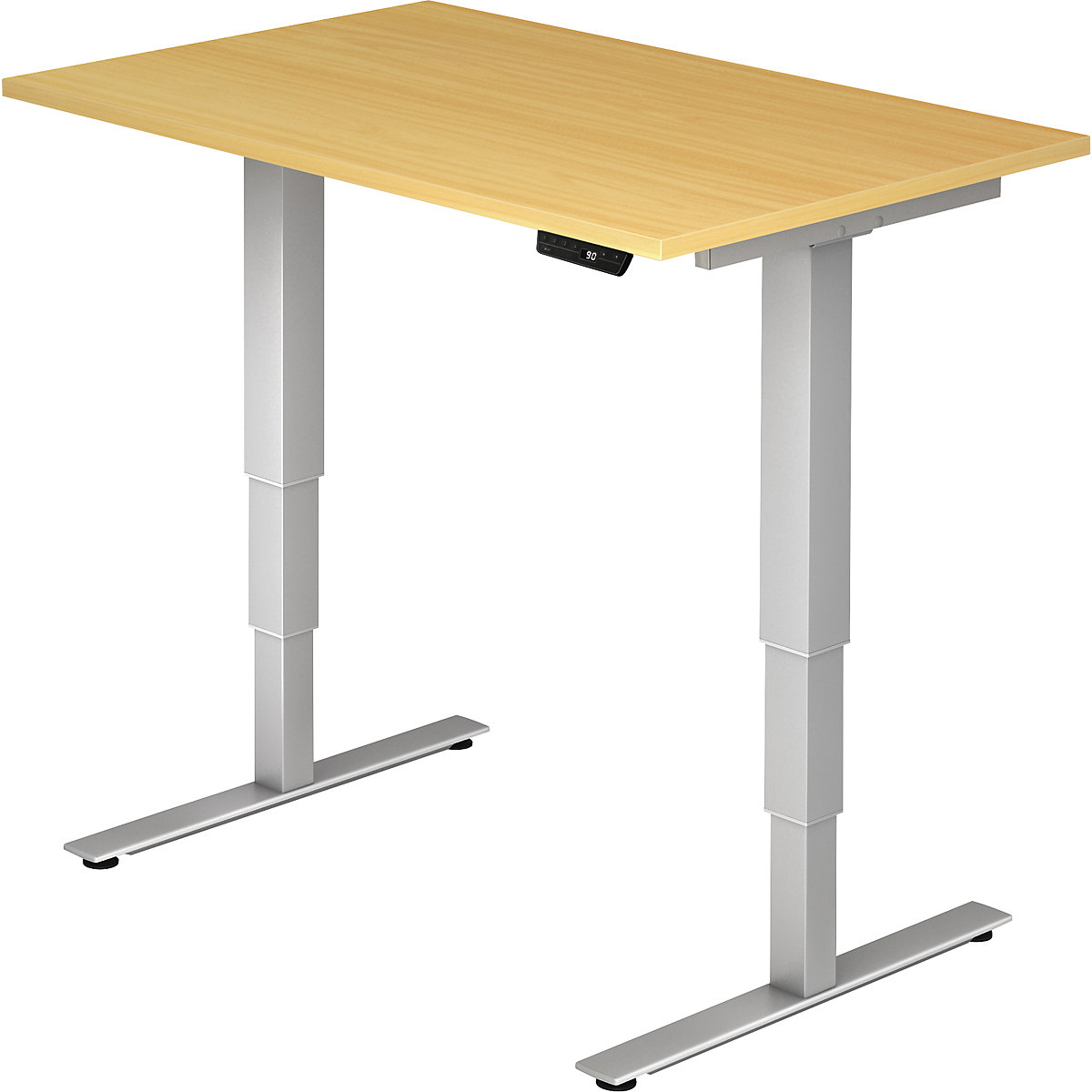 UPLINER-2.0 Psací stůl pro práci vestoje, s elektrickým přestavováním výšky, podstavec s nohami ve tvaru T, šířka 1200 mm, bukový dekor