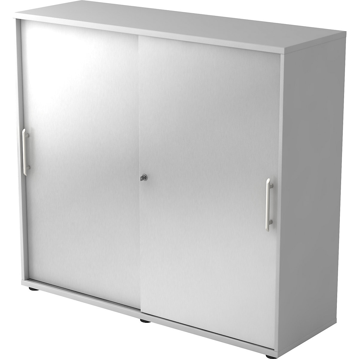 FINO Armoire à portes coulissantes, 2 tablettes de chaque côté, 1 cloison médiane, h x l x p 1100 x 1200 x 400 mm, gris clair / aluminium