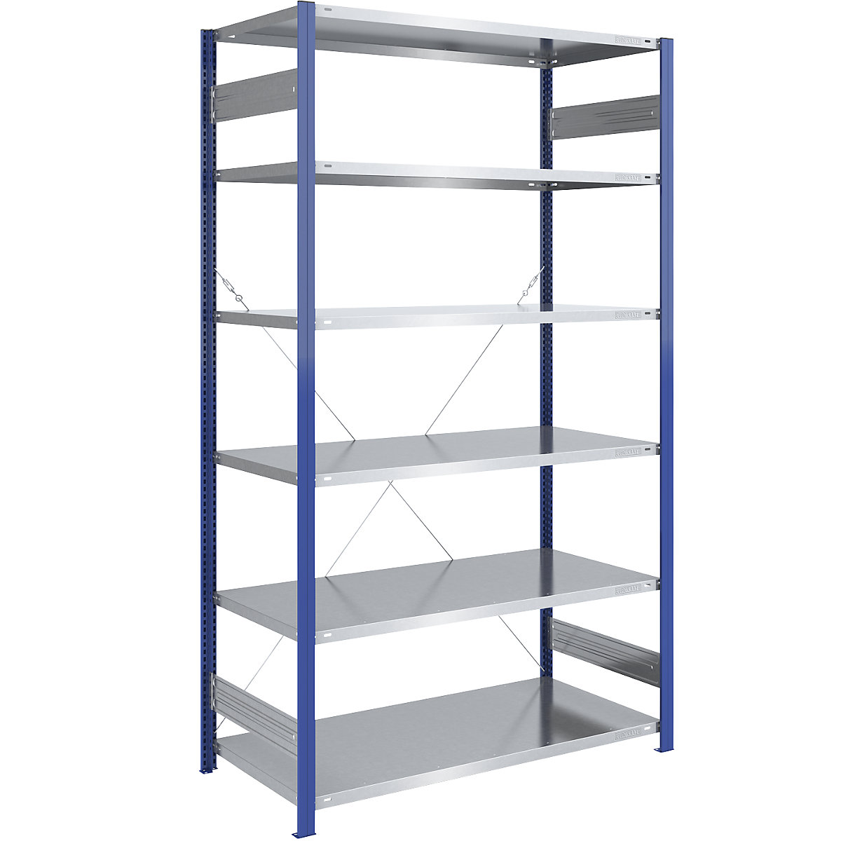 Scaffale a innesto per magazzino, montanti blu, ripiano zincato – eurokraft pro, alt. x largh. 2500 x 1300 mm, sc. base, profondità 800 mm-7